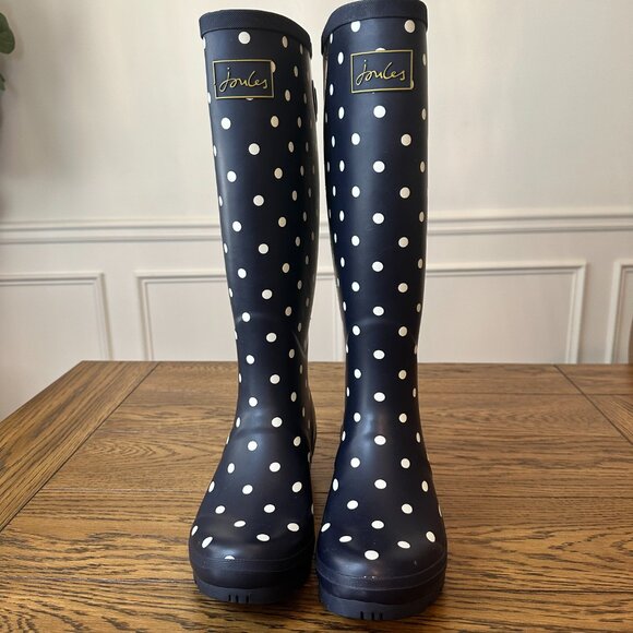 Joules Wellies Tall Rain Boots Womens Size 9 - Navy with White Polka Dots - NWT - Picture 9 of 11